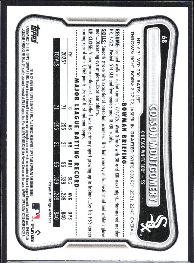 Colson Montgomery 2026 Bowman #68 – baksida
