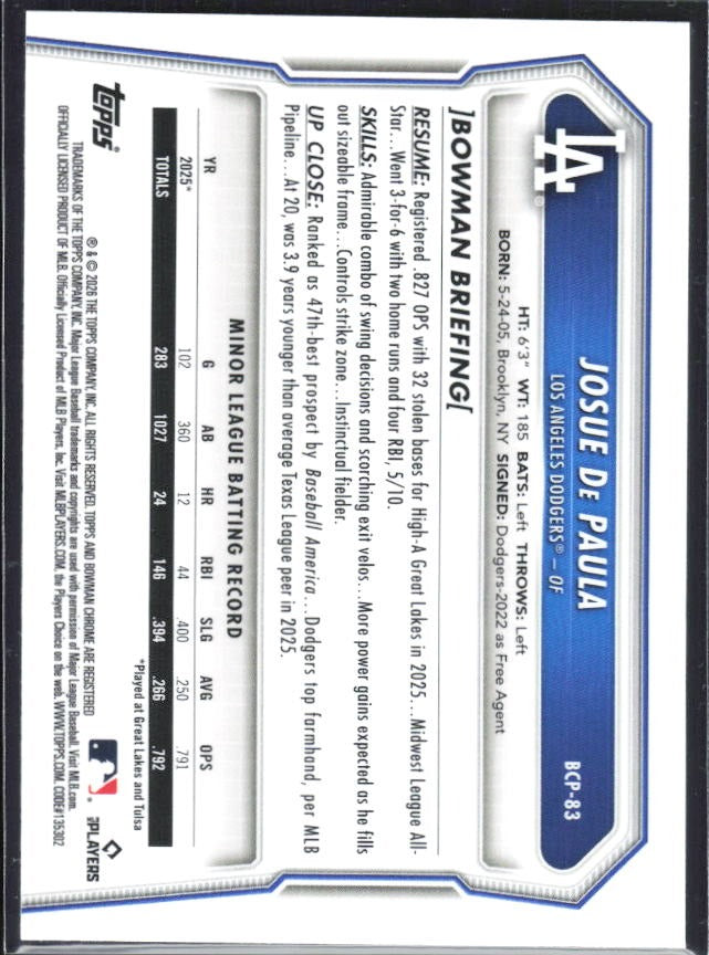 Josue De Paula 2026 Bowman Chrome Prospects #BCP-83 – baksida
