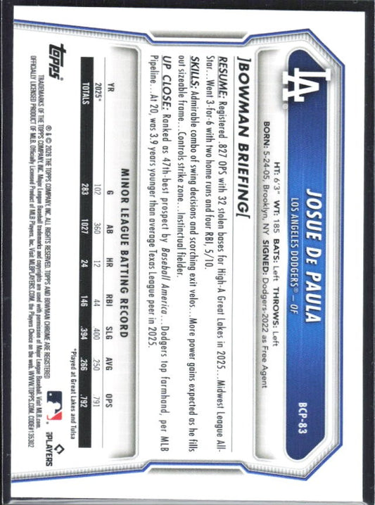 Josue De Paula 2026 Bowman Chrome Prospects #BCP-83 – baksida