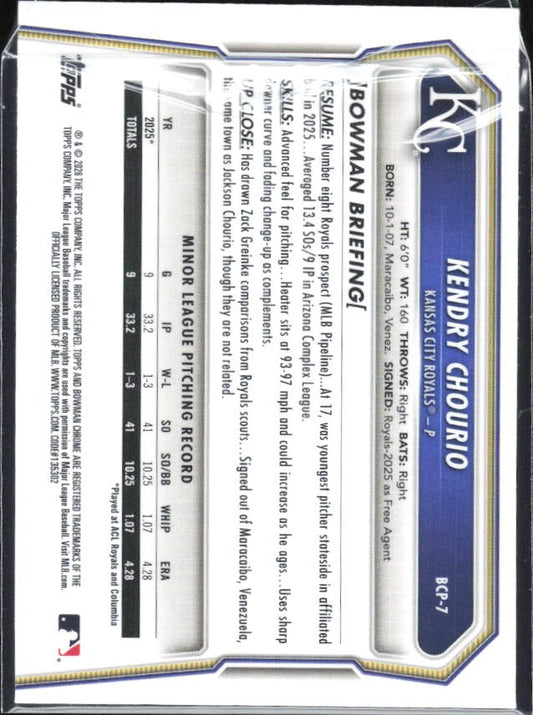Kendry Chourio 2026 Bowman Chrome Prospects #BCP-7 – baksida