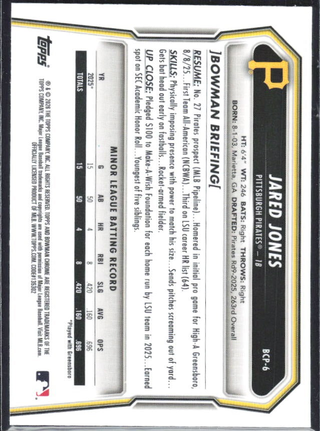 Jared Jones 2026 Bowman Chrome Prospects #BCP-6 – baksida