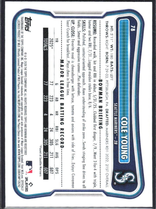 Cole Young 2026 Bowman #78 – baksida