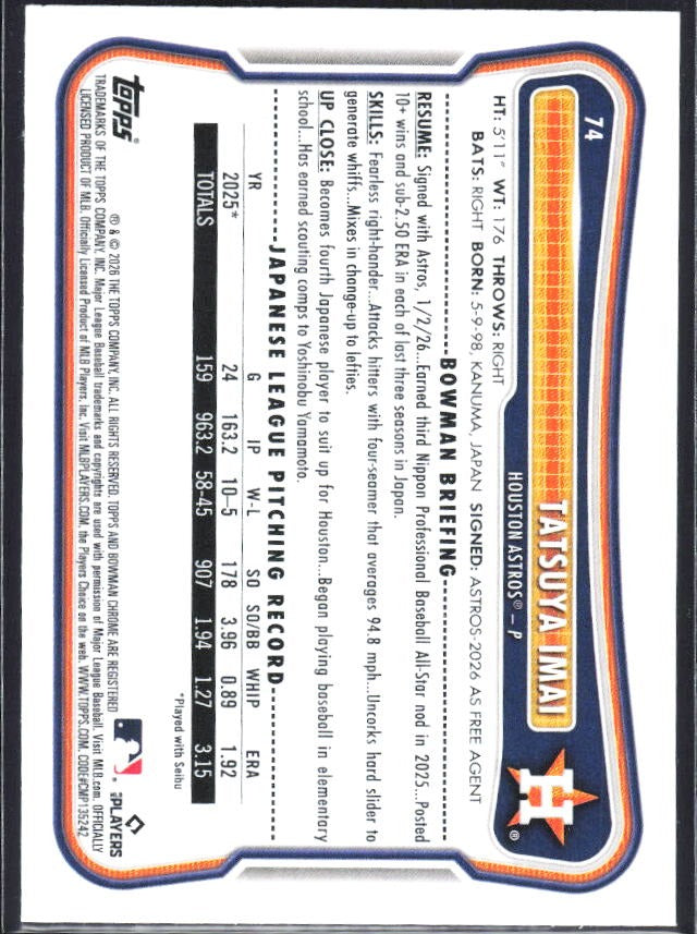 Tatsuya Imai 2026 Bowman #74 – baksida
