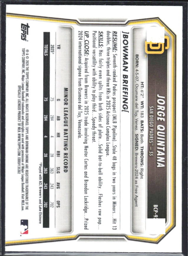 Jorge Quintana 2026 Bowman Chrome Prospects #BCP-93 – baksida