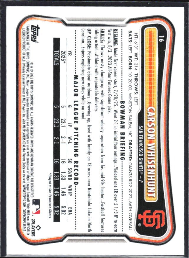Carson Whisenhunt 2026 Bowman #16 – baksida
