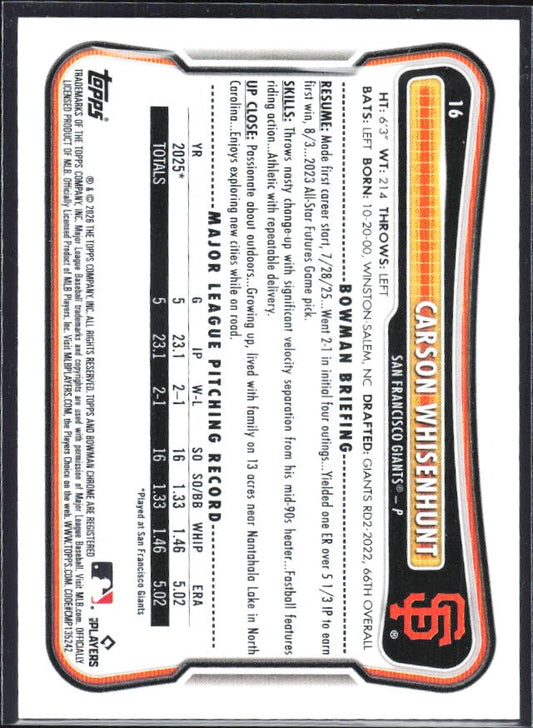 Carson Whisenhunt 2026 Bowman #16 – baksida