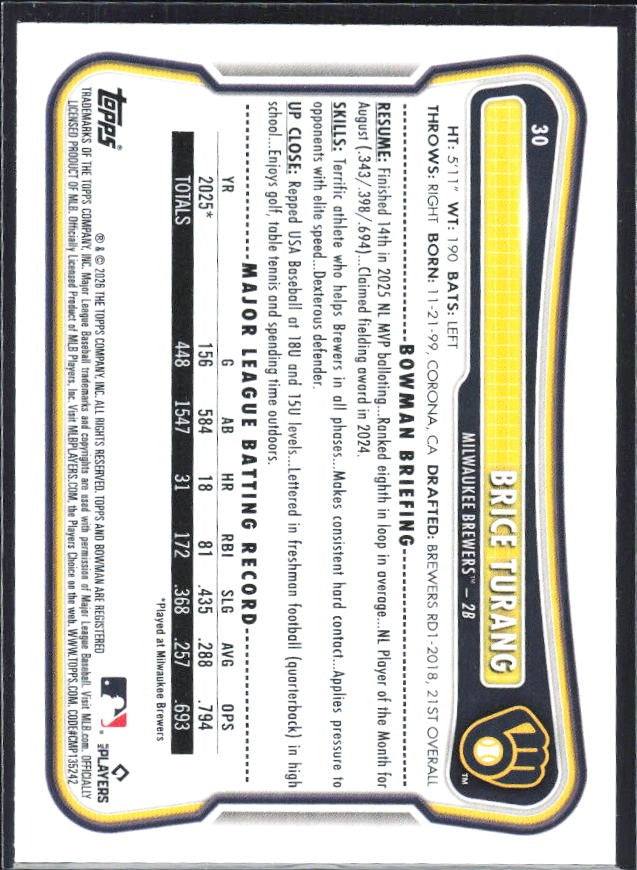 Brice Turang 2026 Bowman #30 – baksida