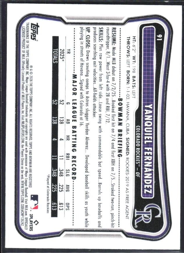 Yanquiel Fernández 2026 Bowman #91 – baksida