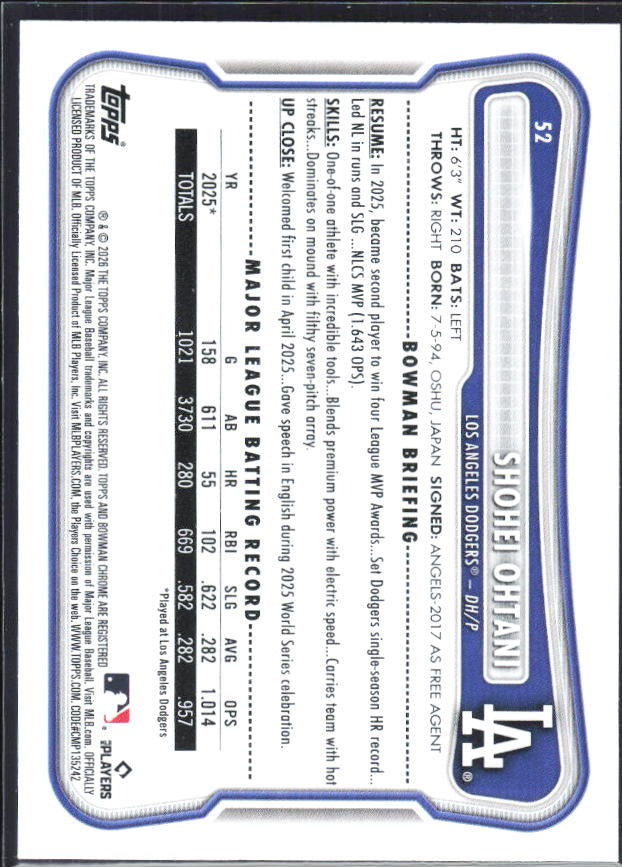 Shohei Ohtani 2026 Bowman #52 – baksida