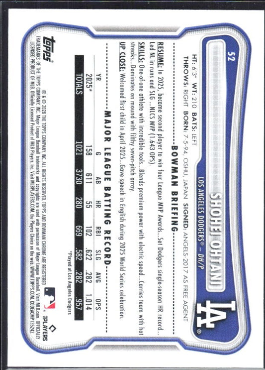 Shohei Ohtani 2026 Bowman #52 – baksida