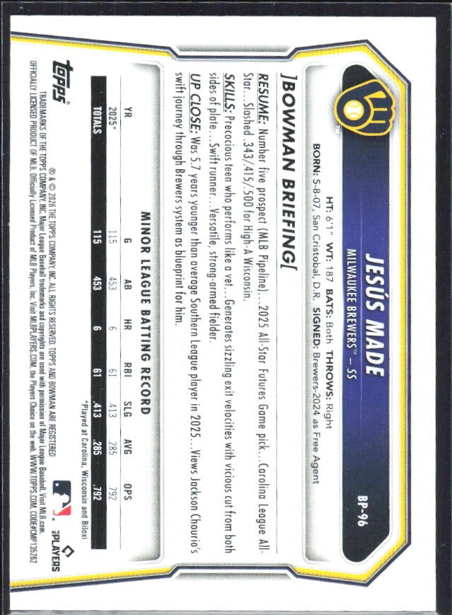Jesús Made 2026 Bowman Prospects #BP-96 – baksida