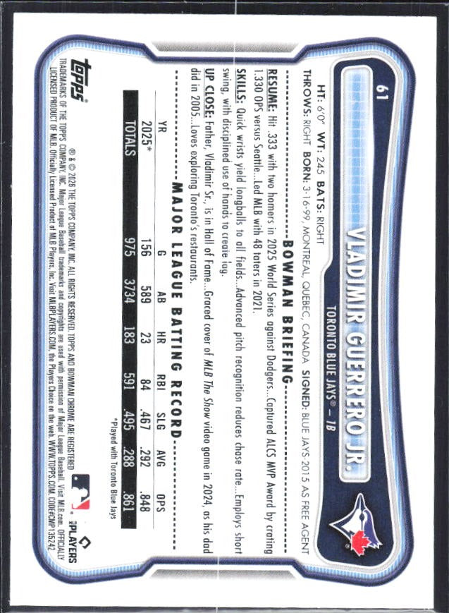 Vladimir Guerrero Jr. 2026 Bowman #61 – baksida