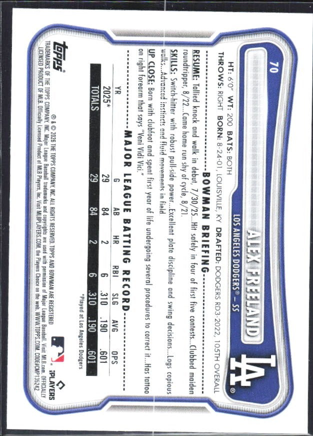 Alex Freeland 2026 Bowman #70 – baksida