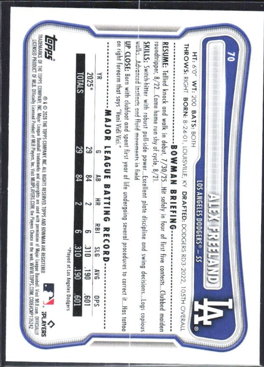 Alex Freeland 2026 Bowman #70 – baksida