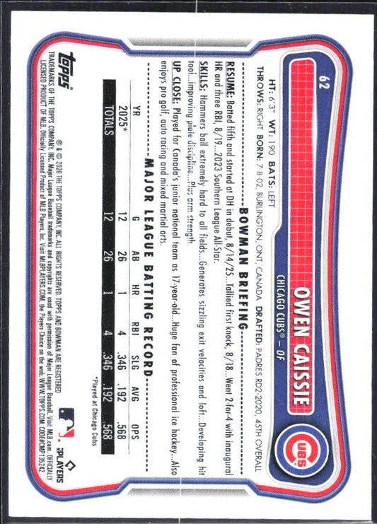 Owen Caissie 2026 Bowman #62 – baksida