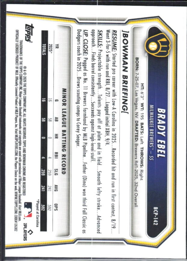 Brady Ebel 2026 Bowman Chrome Prospects #BCP-142 – baksida