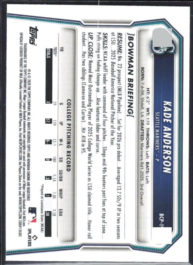 Kade Anderson 2026 Bowman Chrome Prospects #BCP-19 – baksida