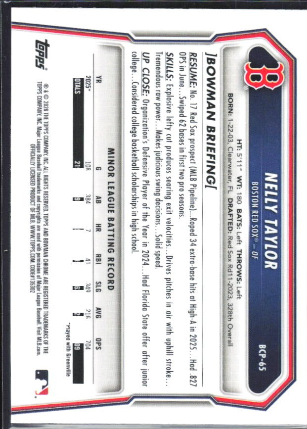 Nelly Taylor 2026 Bowman Chrome Prospects #BCP-65 – baksida