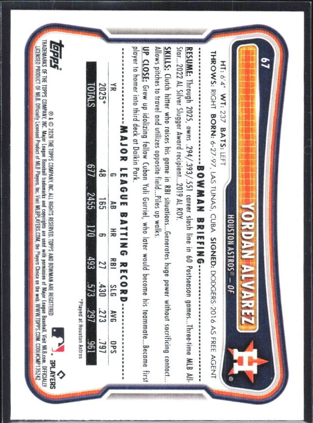 Yordan Alvarez 2026 Bowman #67 – baksida