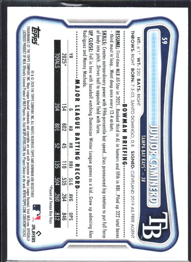 Junior Caminero 2026 Bowman #59 – baksida