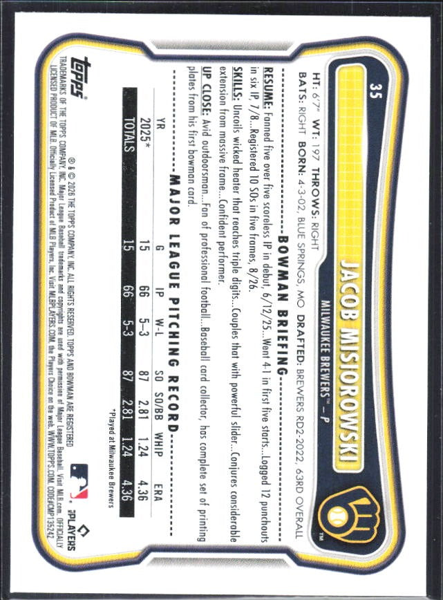 Jacob Misiorowski 2026 Bowman #35 – baksida