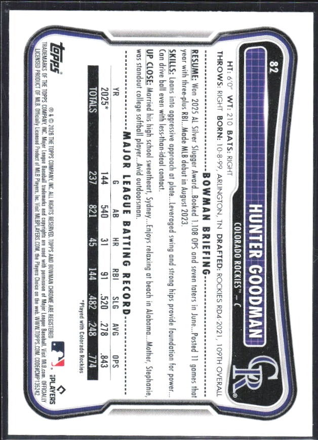 Hunter Goodman 2026 Bowman #82 – baksida