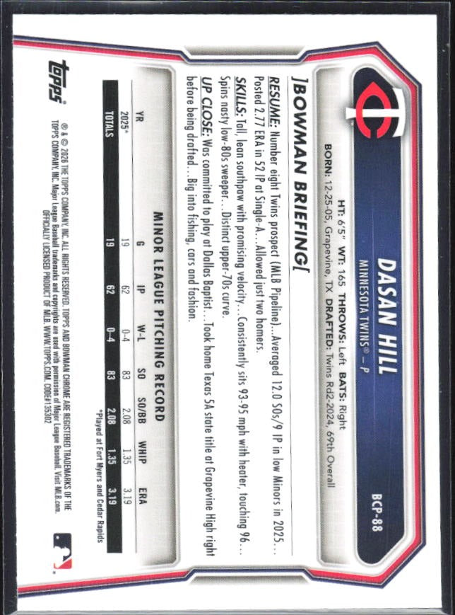 Dasan Hill 2026 Bowman Chrome Prospects #BCP-88 – baksida