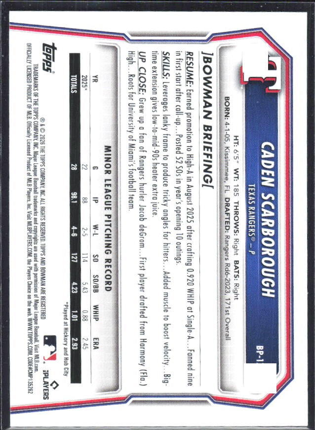 Caden Scarborough 2026 Bowman Prospects #BP-17 – baksida