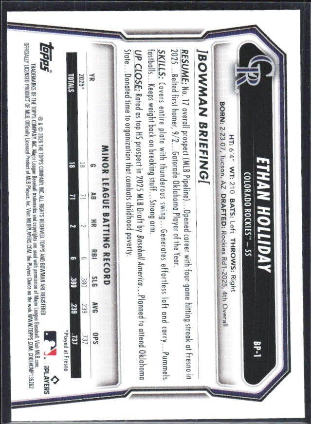 Ethan Holliday 2026 Bowman Prospects #BP-1 – baksida