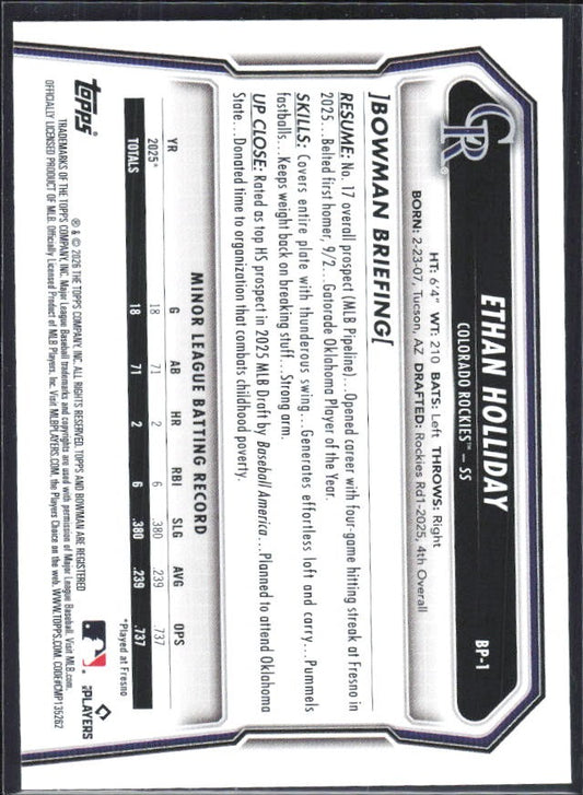 Ethan Holliday 2026 Bowman Prospects #BP-1 – baksida