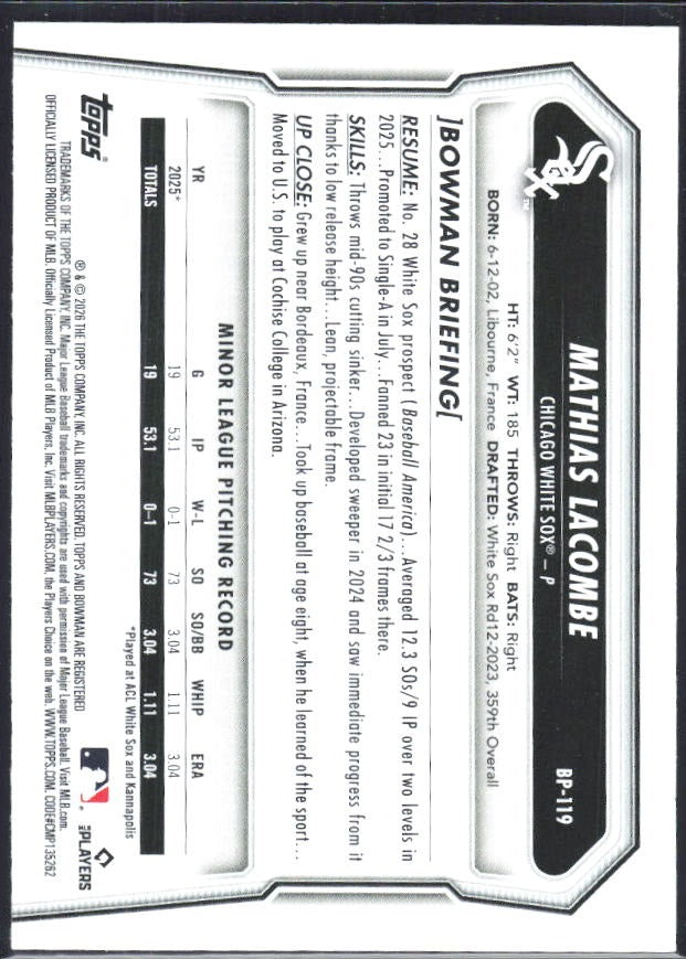Mathias LaCombe 2026 Bowman Prospects #BP-119 – baksida