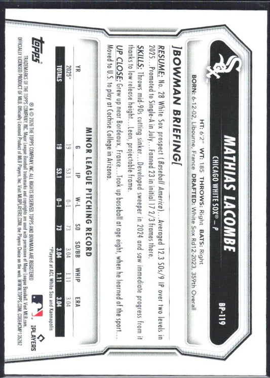 Mathias LaCombe 2026 Bowman Prospects #BP-119 – baksida