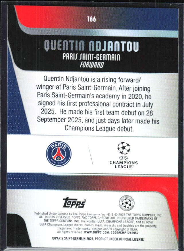 Quentin Ndjantou 2025-26 Topps Chrome UCC #166 – baksida