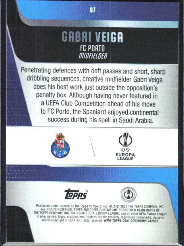 Gabri Veiga 2025-26 Topps Chrome UCC #87 – baksida