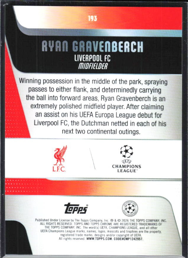 Ryan Gravenberch 2025-26 Topps Chrome UCC #193 – baksida