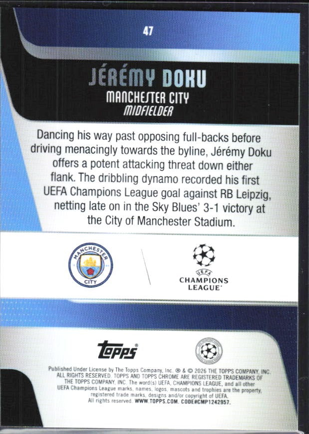 Jérémy Doku 2025-26 Topps Chrome UCC #47 – baksida