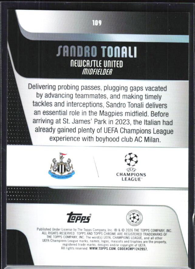 Sandro Tonali 2025-26 Topps Chrome UCC #109 – baksida