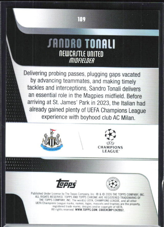 Sandro Tonali 2025-26 Topps Chrome UCC #109 – baksida