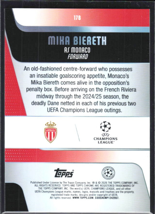 Mika Biereth 2025-26 Topps Chrome UCC #178 – baksida