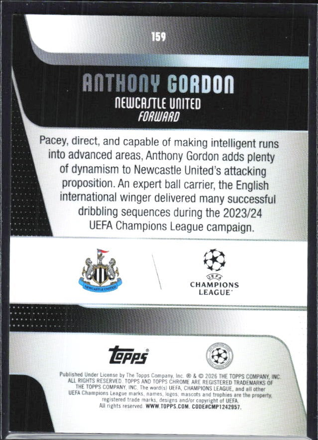 Anthony Gordon 2025-26 Topps Chrome UCC #159 – baksida