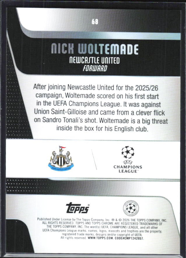 Nick Woltemade 2025-26 Topps Chrome UCC #68 – baksida