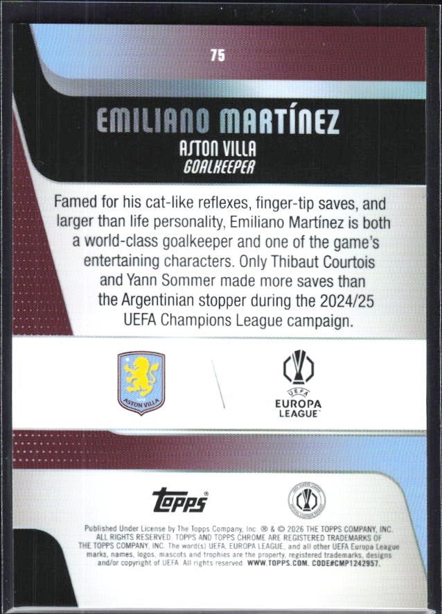 Emiliano Martínez 2025-26 Topps Chrome UCC #75 – baksida
