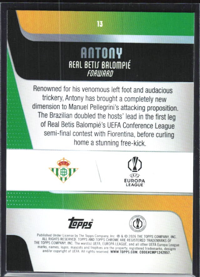 Antony 2025-26 Topps Chrome UCC #13 – baksida
