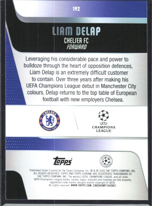 Liam Delap 2025-26 Topps Chrome UCC #192 – baksida