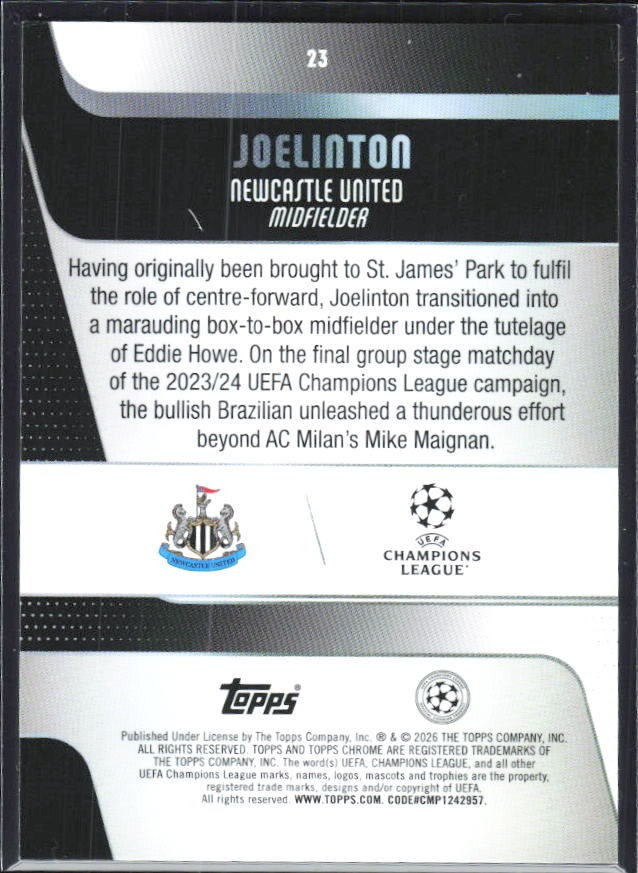 Joelinton 2025-26 Topps Chrome UCC #23 – baksida