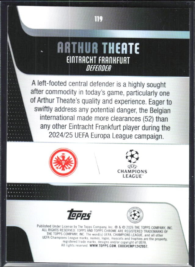 Arthur Theate 2025-26 Topps Chrome UCC #119 – baksida