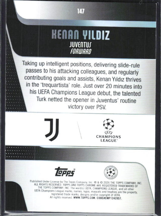 Kenan Yildiz 2025-26 Topps Chrome UCC #147 – baksida