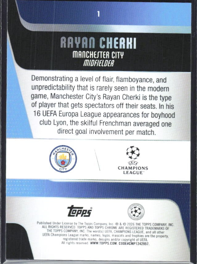 Rayan Cherki 2025-26 Topps Chrome UCC #1 – baksida