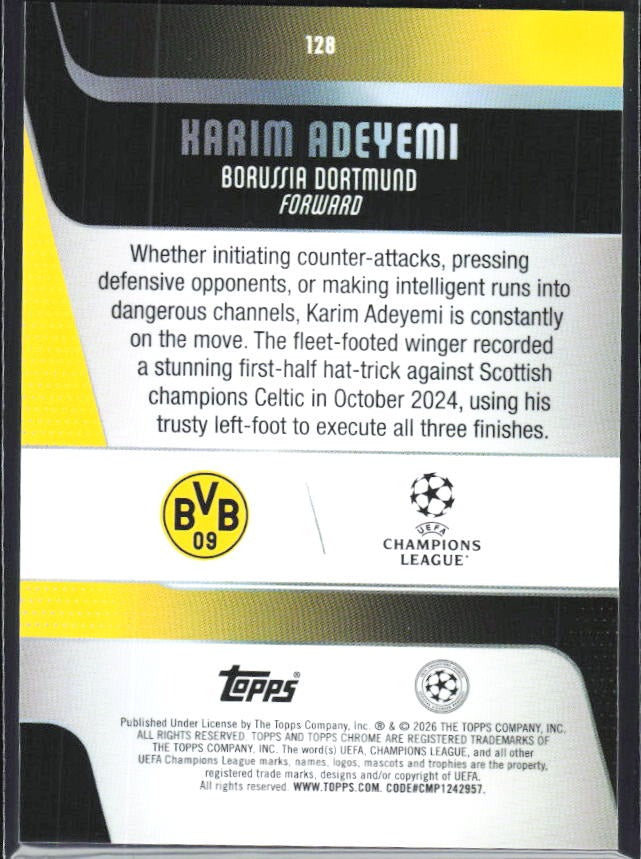Karim Adeyemi 2025-26 Topps Chrome UCC #128 – baksida