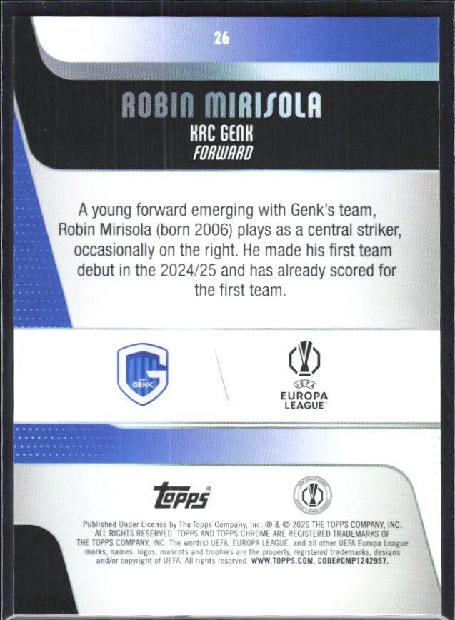 Robin Mirisola 2025-26 Topps Chrome UCC #26 – baksida